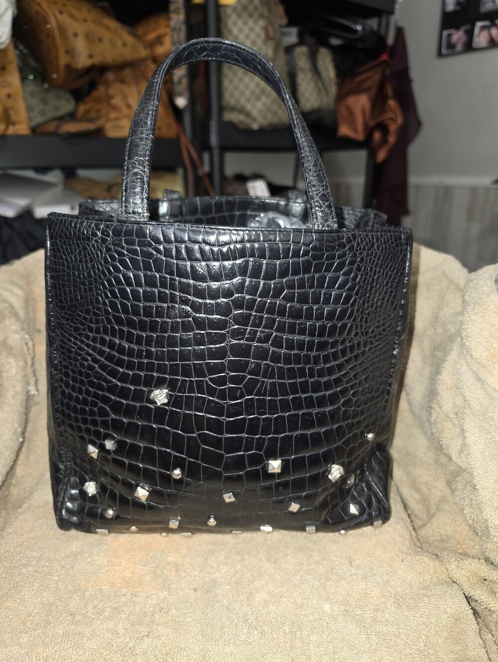 Vintage Gianni Versace Black Crocodile-embossed Leather Mini Tote Bag Authentic
